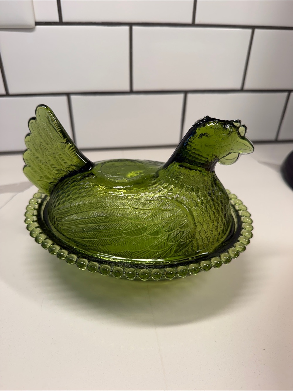 Vintage RARE!!! Carnival Lime Green Indiana Hen on the Nest (check damage)